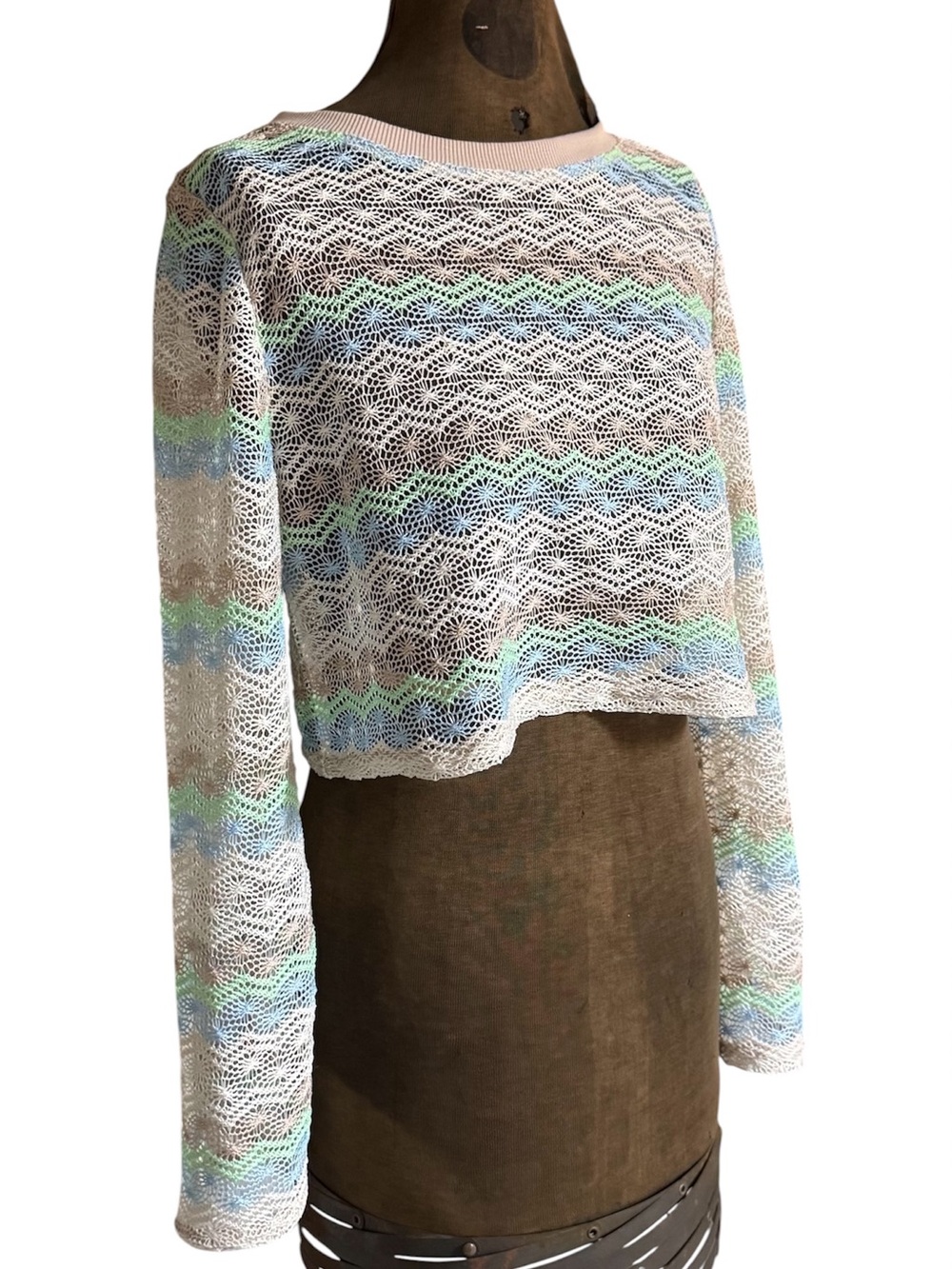 Lightweight Crochet Crewneck Sweater - White with Pastel Stripes